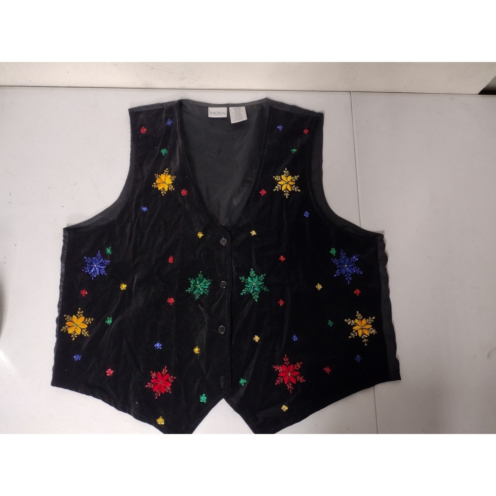 Bobbie Brooks Woman Black Velvet Snowflake Embroidered Holiday Vest 22W/24W